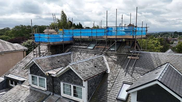 Specialist temporary roofing system installed by RCR Scaffolding Solutions on a historic Scottish building to provide weather protection during roof repairs.