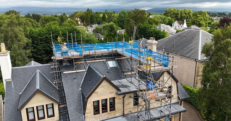 Safe residential scaffolding tower installed by RCR Scaffolding Solutions for a home renovation project in Central Scotland.