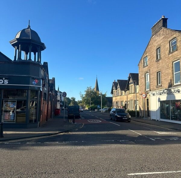 Premium residential scaffolding tower erected by RCR Scaffolding Solutions on a substantial red sandstone Victorian villa in Bridge of Allan, FK9, providing safe access for multi-storey chimney restoration with 40 years of local experience.