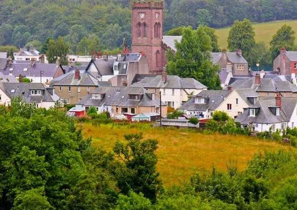 Specialist multi-level heritage scaffolding tower erected by RCR Scaffolding Solutions on a historic stone building in Doune, FK16, providing safe access at the foot of the Ochil Hills with 40 years of local experience.