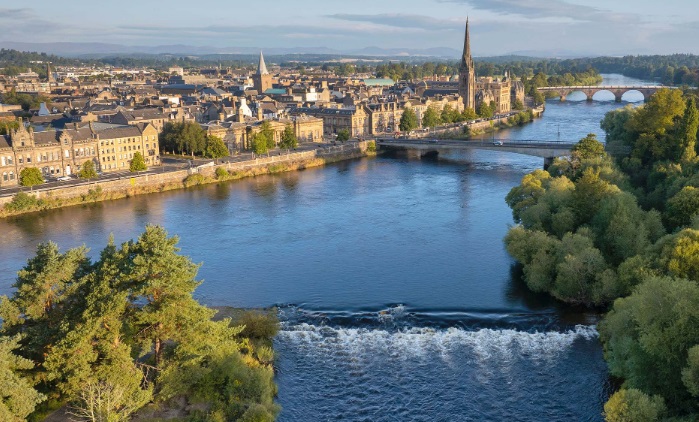 Professional residential scaffolding tower by RCR Scaffolding Solutions on a traditional sandstone villa in Perth (PH2), providing safe access for roof repairs and chimney restoration with 40 years of local expertise.